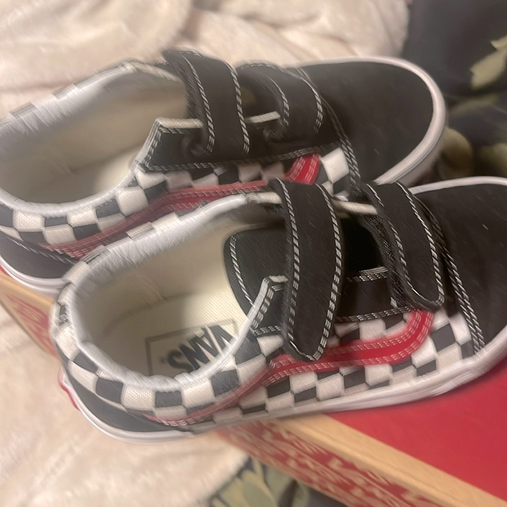 Vans Velcro size 1 kids black and white shoes checkered